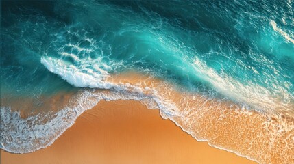 Aerial view of ocean waves crashing onto a sandy beach, gradient colors from teal to gold