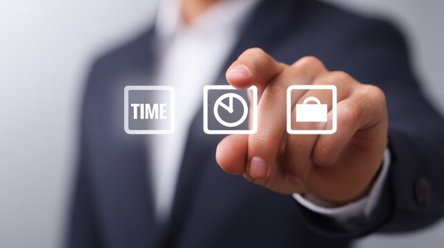 Businessman in a suit activating digital interface, initiating process or command. - Powered by Adobe