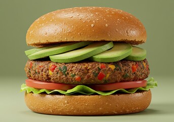 Veggie Burger with Avocado on Studio Blurred Blue Background 