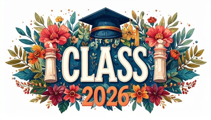 Graduation announcement art featuring a mortarboard, flowers, candles, and the text "Class 2026" against a white background.