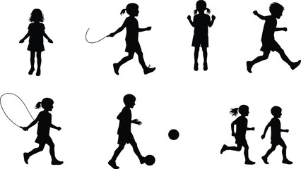 Silhouette vector of children playing outdoors, skipping rope, running, walking, jumping, soccer ball activities, active lifestyle, exercise, health, fitness, fun.