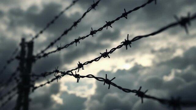 Barbed wire against a foreboding sky a visual metaphor for deep state secrets control and unveiling conspiracy theories