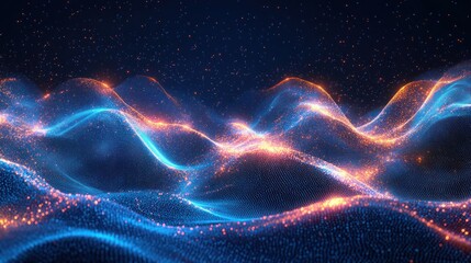 Fototapeta premium Abstract glowing particle waves, dynamic digital landscape