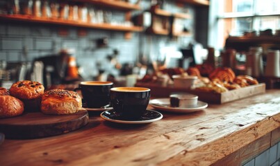 Cozy Coffee Shop Scene with Pastries and Coffee Cups.