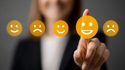 Radiant woman holds a bright yellow smiley face, symbol of happiness and positivity
