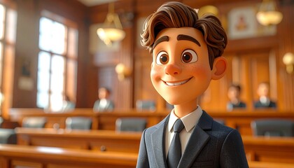 Animated young man in a suit smiles confidently in a courtroom setting with other people in the background.