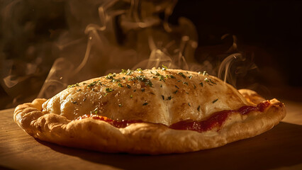 Hot freshly baked calzone with melted cheese and tomato sauce on wooden table in warm golden light