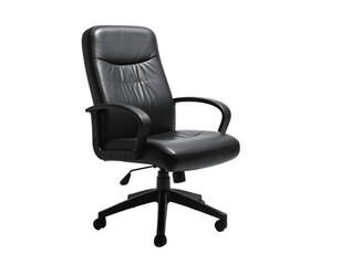 Black leather executive office chair on a swivel base with armrests and five wheels
