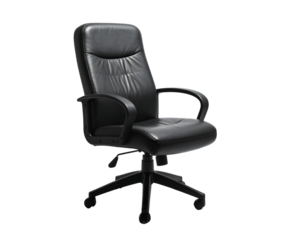 Black leather executive office chair on a swivel base with armrests and five wheels