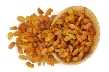 Yellow Raisins in wooden bowl isolated on white background. Top view. Flat lay,