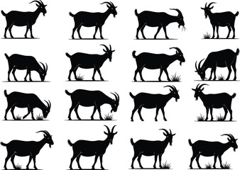 Goat silhouettes set, farm animal, grazing goat, standing pose, livestock illustration, domestic animal, wildlife design, agriculture icon, nature artwork