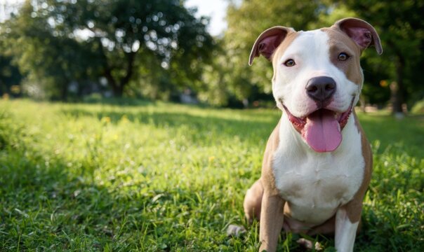 Happy Pit Bull Dog Sitting in Grassy Field on Sunny Day. - Powered by Adobe