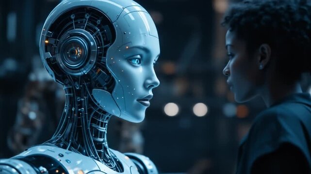 AI humanoid hologram robot shares knowledge with human {female} during singularity symbolizing agent autonomy and future AGI technology using super intelligence. 4k video