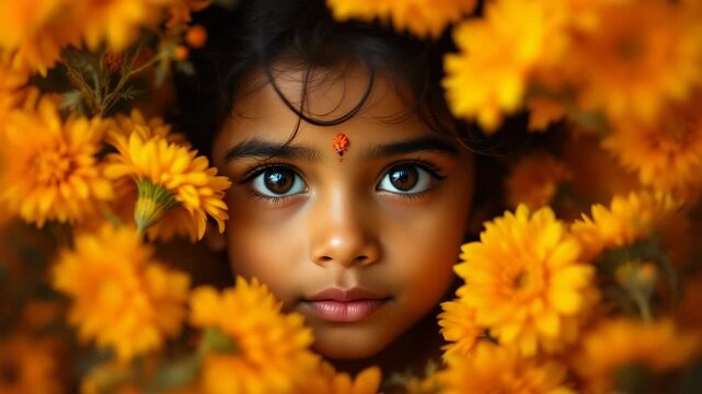 Young indian childs innocent gaze framed by vibrant marigold flowers celebrating the joyous spirit of diwali festival