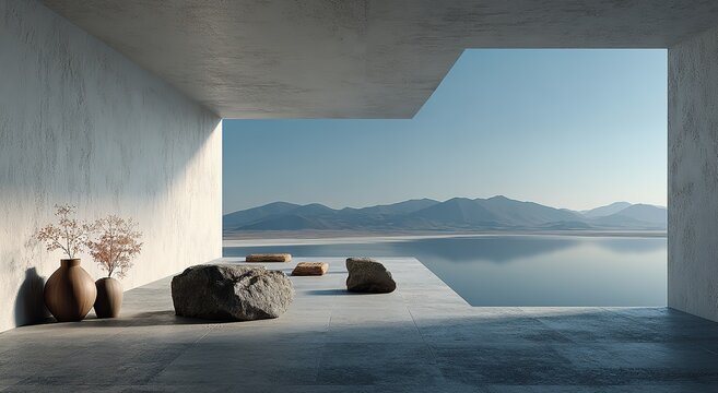 A sleek indoor space opening to a scenic lake and mountains. Ideal for architecture, travel, or luxury living visuals, like home design inspiration or getaway promotions.