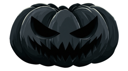 Black scary pumpkin face graphic for Halloween banner design isolated on transparent background 