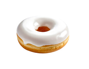 A single, glazed donut with a smooth, white icing, exhibiting a slightly uneven, drizzled texture and a golden-brown cake base