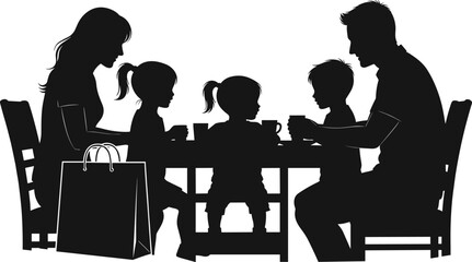 Family dinner silhouette, parents and children at table, bonding moment, domestic lifestyle, black vector art, social interaction, home scene illustration