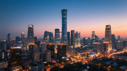 Fototapeta premium Bustling CBD City Nightscape in a Financial and Business District Background