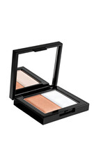 A black compact with a mirrored lid, open to reveal two shades of face powder; a peachy-orange and a pale, almost white, highlighting shade