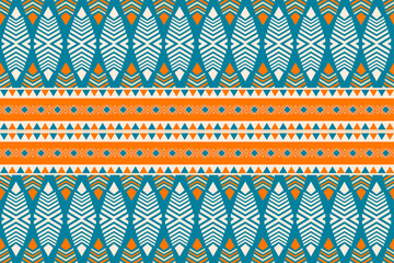 Colorful geometric ethnic seamless pattern with traditional tribal ornaments in orange, teal, and white. Perfect for textile design, fabric prints, wallpapers, and decorative backgrounds.