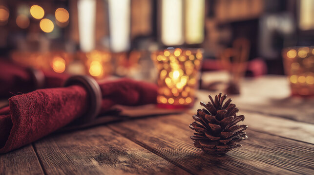 napkins. A rustic wooden table setting with burgundy napkins and a pinecone centerpiece, glowing warmly. lifestyle magazines, social media lookbooks, designed for influencer and brand collaborations.