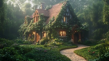 Enchanting fairytale cottage nestled in a lush sunlit forest
