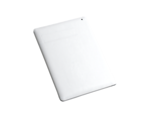 White rectangular portable solid-state drive, slightly angled, showing a small hole near the top