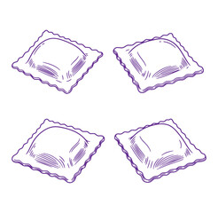 Illustrated ravioli pasta squares arranged in a creative pattern on a clean white background