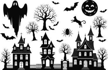 Haunted house silhouette, spooky Halloween scene, bats, ghost, black cat, spider web, full moon, eerie trees, scary night, vector illustration