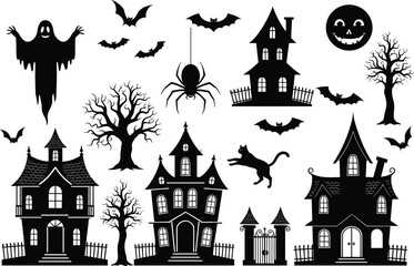 Haunted house, spooky tree, Halloween ghost, flying bats, scary cat, full moon, spider web, silhouette vector, eerie night, gothic gate