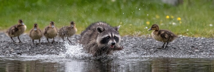 Fototapeta premium Raccoon and ducklings by water