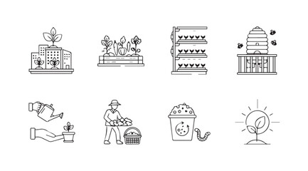 Collection of eight distinct agricultural and urban farming silhouette icons silhouette