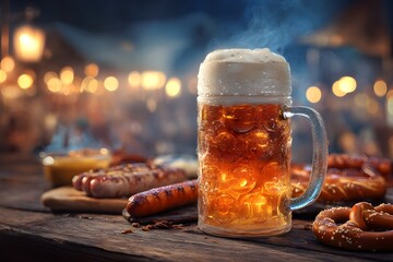 Beer mugs raised up. Oktoberfest festive atmosphere. Perfect for Oktoberfest and drink advertising. Traditional festival. Party. Alcoholic drinks. German traditions. Bar. German beer