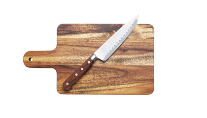 Rustic Cutting Board with Knife isolated on solid white background Png form