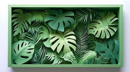 Intricate Papercut Tropical Leaves in a Green Frame