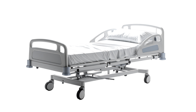 A clean, white hospital bed on wheels, with adjustable height and side rails, ready for a patient
