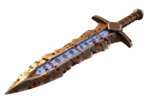 A rusty, ancient-looking blade with a glowing blue pattern adorns the image. - Powered by Adobe