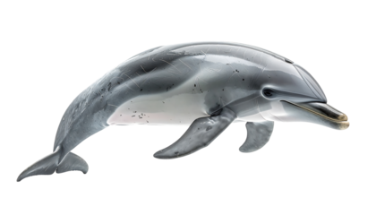 A grey dolphin, sleek and streamlined, swims gracefully, its lighter underside contrasting with its darker back, speckled with small, dark spots