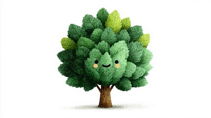Cute cartoon tree clipart with a round leafy crown and friendly face, isolated for kids books, eco-education, and playful environmental-themed creative projects.