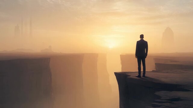 Dynamic business leader standing on the edge, contemplating success in a futuristic world bathed in golden light and opportunity, ready to take the leap