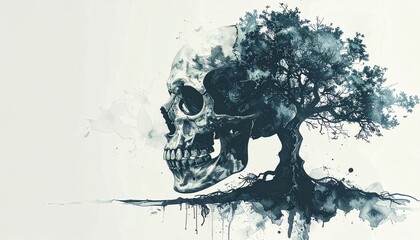 Minimalist abstract of a skull that is also a tree, watercolor illustration