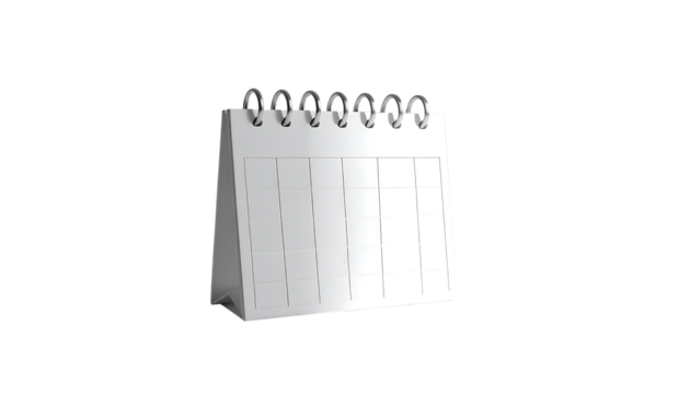 A clean, white, desktop calendar with a spiral binding, standing upright, showcasing blank daily sections, isolated against a black background