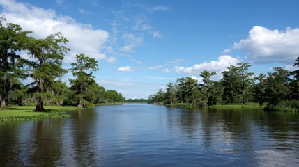 Fototapeta premium Scenic River and Sky: a serene river flows gracefully under a vast, blue sky dotted with fluffy clouds, with lush trees lining the banks creating a picturesque scene of untouched beauty.