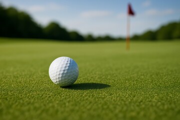 Obraz premium Close-up of golf ball on green grass with flagstick in the background on sunny day.