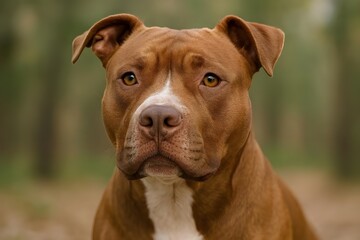 Obraz premium Beautiful portrait of a tan Pitbull dog with soulful eyes outdoors in nature