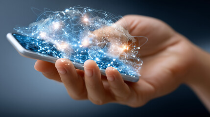 The image shows a hand holding a smartphone with a glowing digital hologram of the world map emerging from the screen. Brightly connected lines and network nodes symbolize global communication, connec