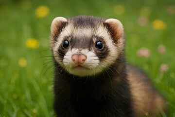 Fototapeta premium Adorable ferret gazes curiously from a vibrant green grassy meadow scene