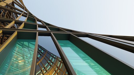 3d rendering of modern architecture, Skyscraper corporate office building with glass window and curved steel frame