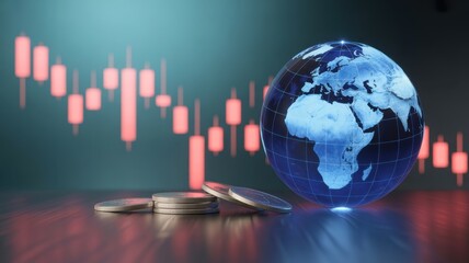 Global Economic Volatility: A symbolic depiction of financial instability, featuring a globe alongside descending stock charts and a small pile of coins.
